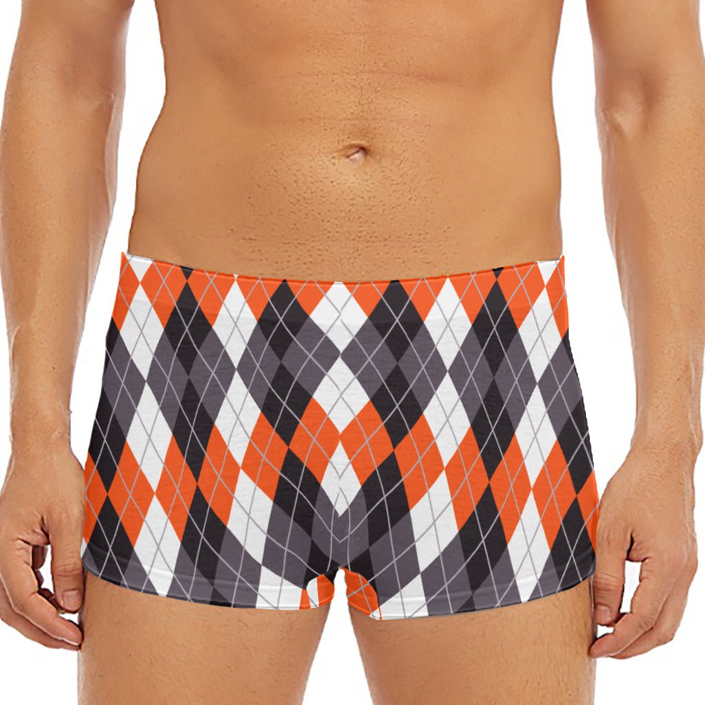 Grey Black Orange And White Argyle Print Men's Short Boxer Briefs