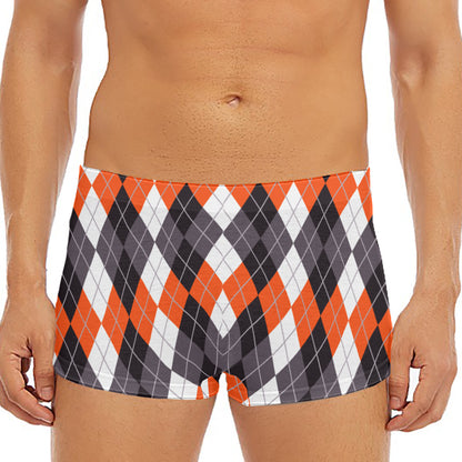 Grey Black Orange And White Argyle Print Men's Short Boxer Briefs