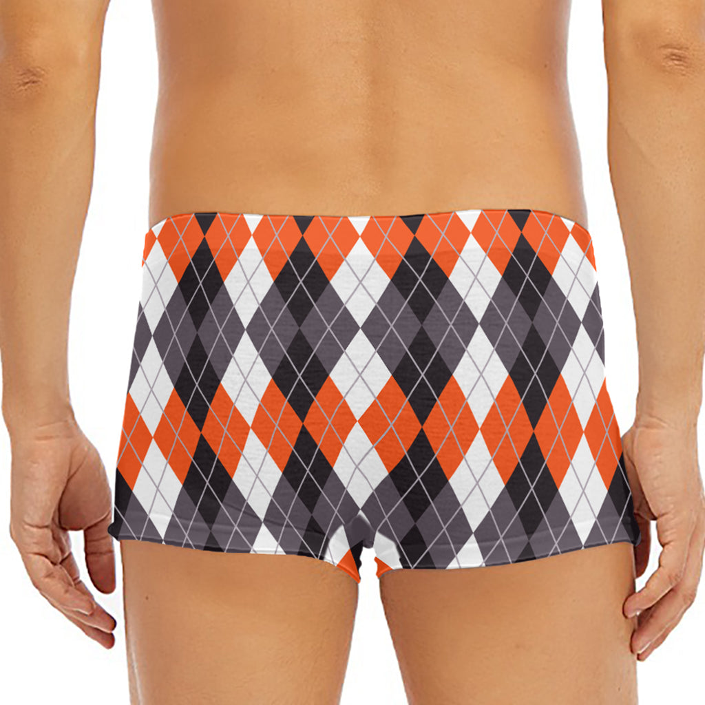 Grey Black Orange And White Argyle Print Men's Short Boxer Briefs