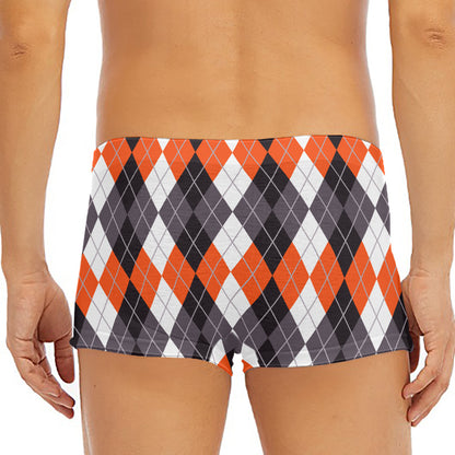 Grey Black Orange And White Argyle Print Men's Short Boxer Briefs