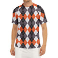 Grey Black Orange And White Argyle Print Men's Short Sleeve Rash Guard