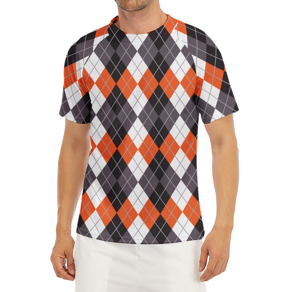 Grey Black Orange And White Argyle Print Men's Short Sleeve Rash Guard