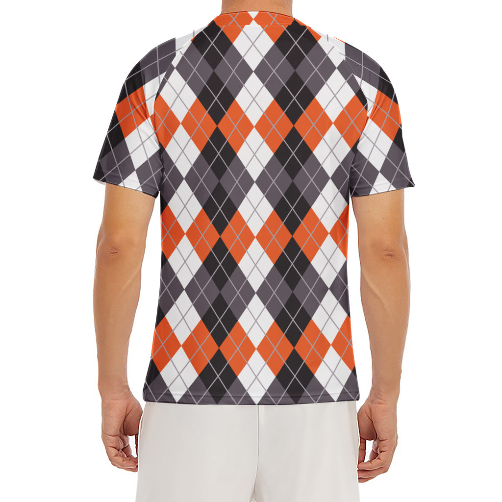 Grey Black Orange And White Argyle Print Men's Short Sleeve Rash Guard
