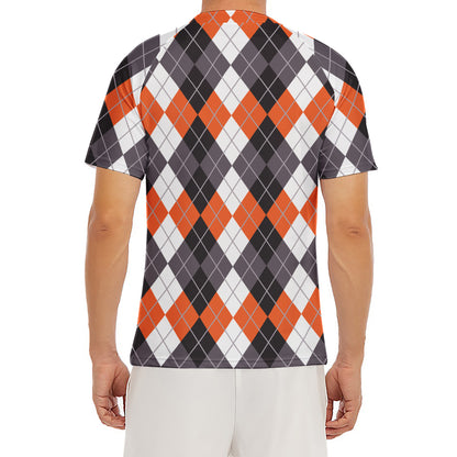 Grey Black Orange And White Argyle Print Men's Short Sleeve Rash Guard