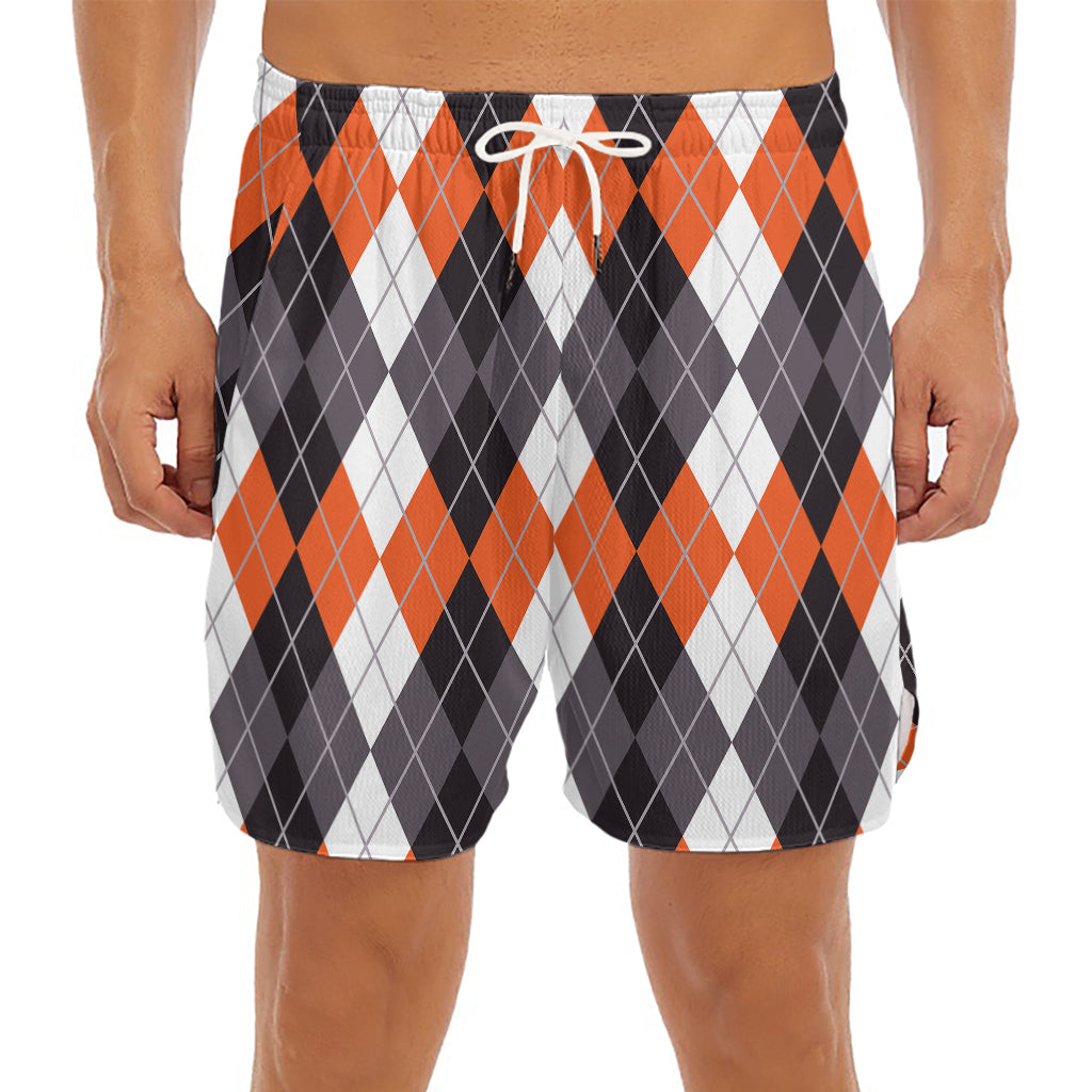 Grey Black Orange And White Argyle Print Men's Split Running Shorts