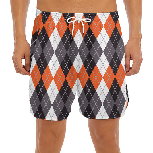 Grey Black Orange And White Argyle Print Men's Split Running Shorts