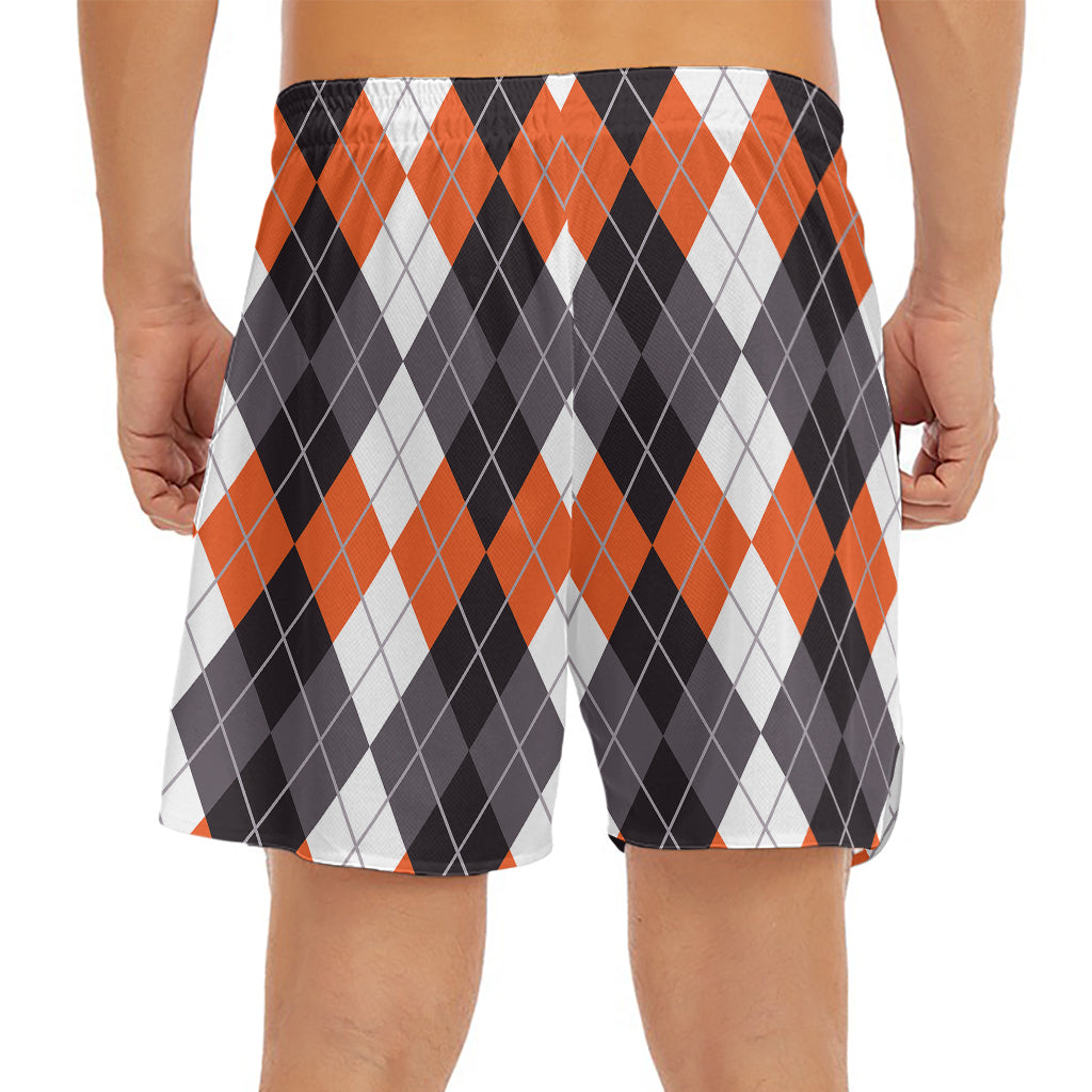 Grey Black Orange And White Argyle Print Men's Split Running Shorts