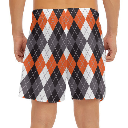 Grey Black Orange And White Argyle Print Men's Split Running Shorts