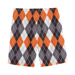 Grey Black Orange And White Argyle Print Men's Sports Shorts