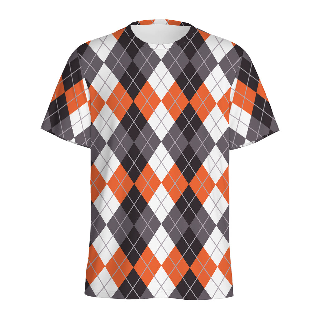 Grey Black Orange And White Argyle Print Men's Sports T-Shirt