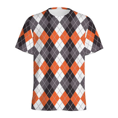 Grey Black Orange And White Argyle Print Men's Sports T-Shirt