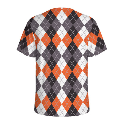 Grey Black Orange And White Argyle Print Men's Sports T-Shirt