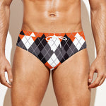 Grey Black Orange And White Argyle Print Men's Swim Briefs