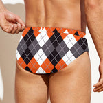 Grey Black Orange And White Argyle Print Men's Swim Briefs