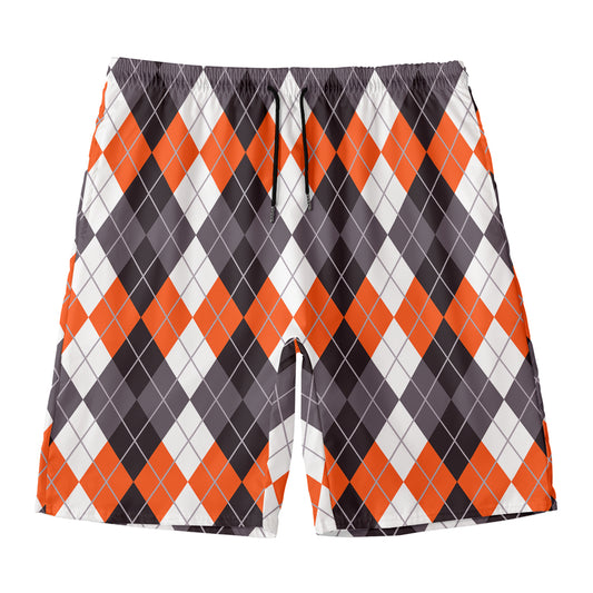 Grey Black Orange And White Argyle Print Men's Swim Trunks