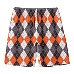 Grey Black Orange And White Argyle Print Men's Swim Trunks