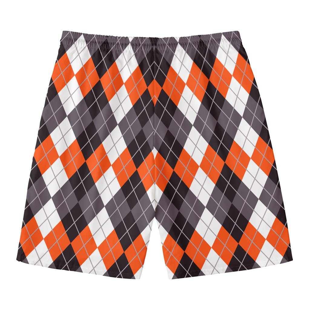 Grey Black Orange And White Argyle Print Men's Swim Trunks