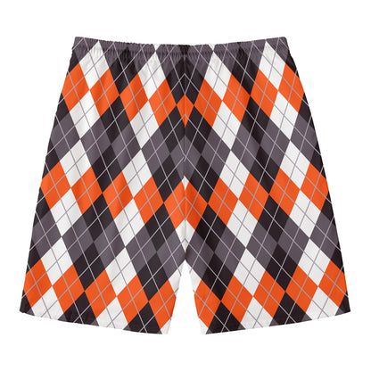 Grey Black Orange And White Argyle Print Men's Swim Trunks