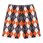 Grey Black Orange And White Argyle Print Men's Swim Trunks