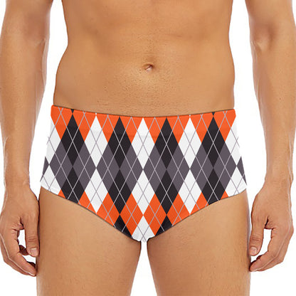 Grey Black Orange And White Argyle Print Men's Triangle Swim Briefs