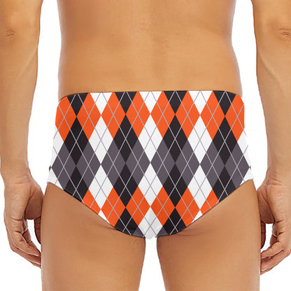 Grey Black Orange And White Argyle Print Men's Triangle Swim Briefs