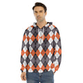 Grey Black Orange And White Argyle Print Men's Velvet Pullover Hoodie