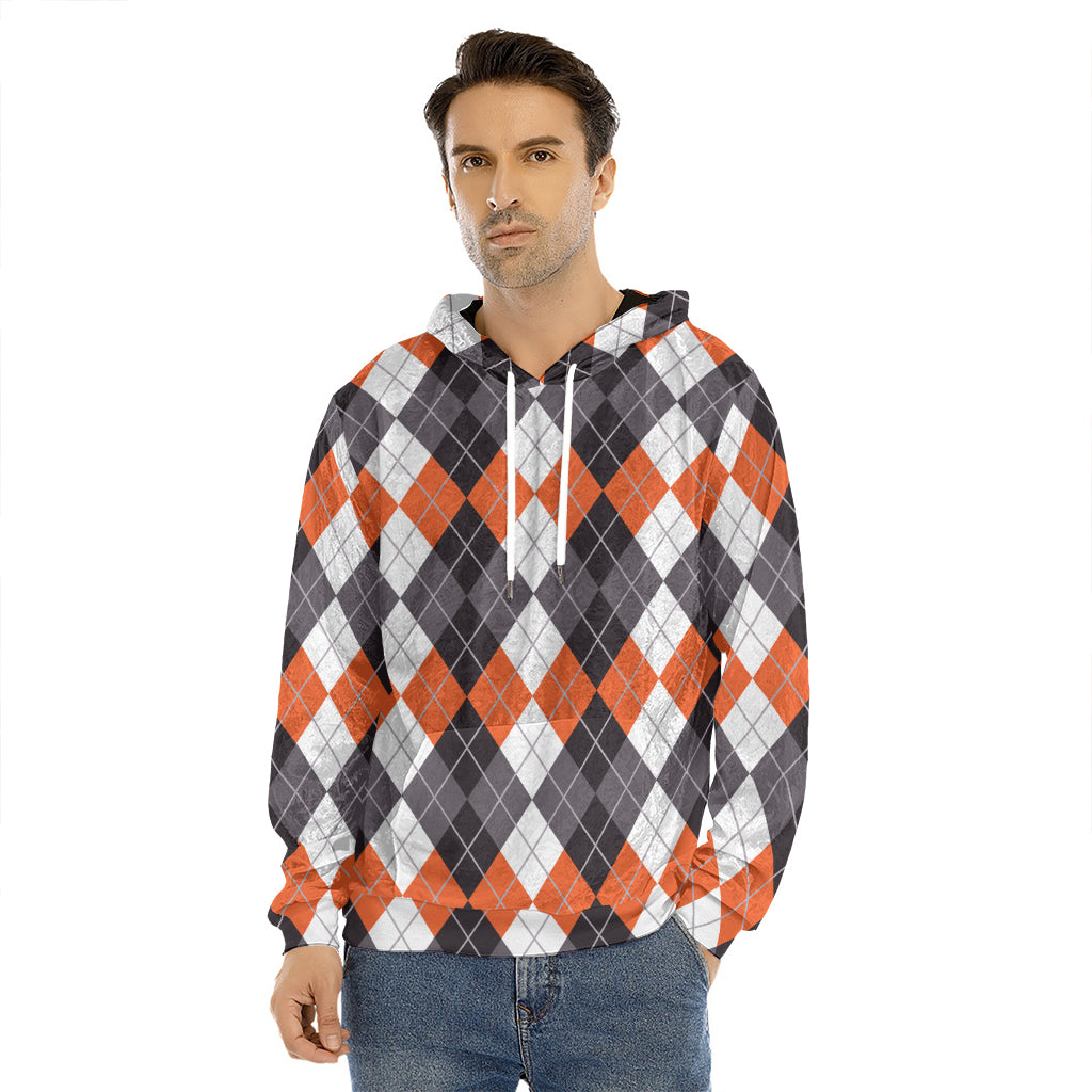 Grey Black Orange And White Argyle Print Men's Velvet Pullover Hoodie