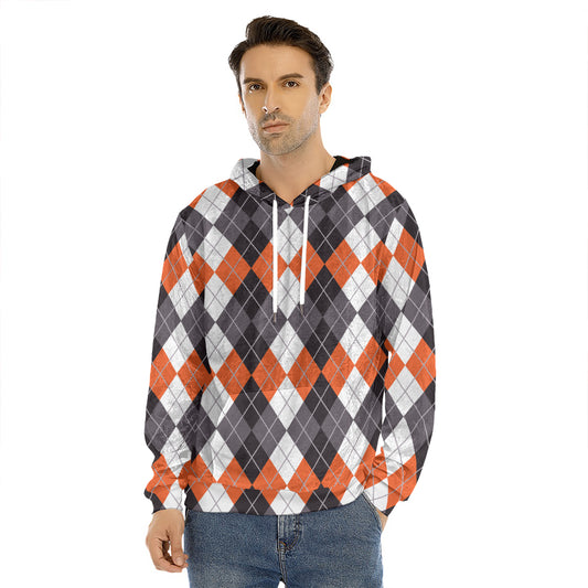 Grey Black Orange And White Argyle Print Men's Velvet Pullover Hoodie