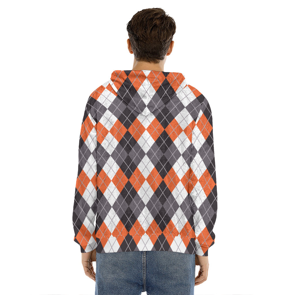 Grey Black Orange And White Argyle Print Men's Velvet Pullover Hoodie