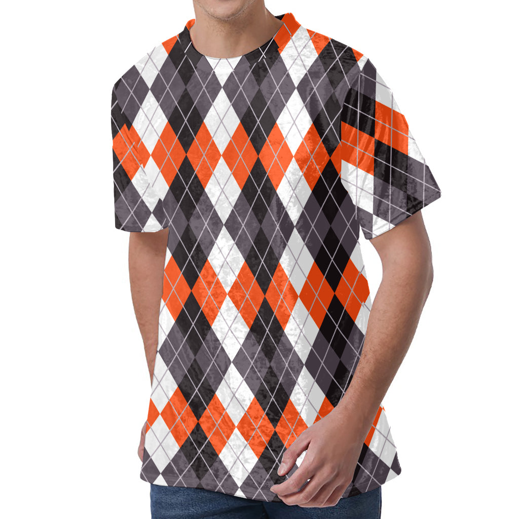 Grey Black Orange And White Argyle Print Men's Velvet T-Shirt
