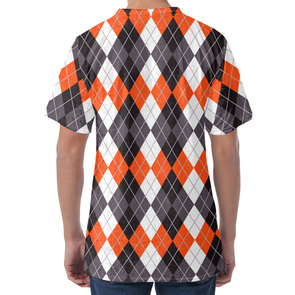 Grey Black Orange And White Argyle Print Men's Velvet T-Shirt