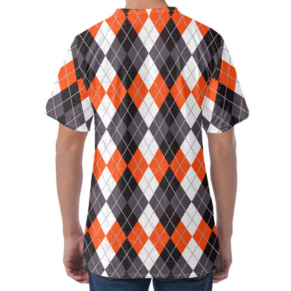 Grey Black Orange And White Argyle Print Men's Velvet T-Shirt