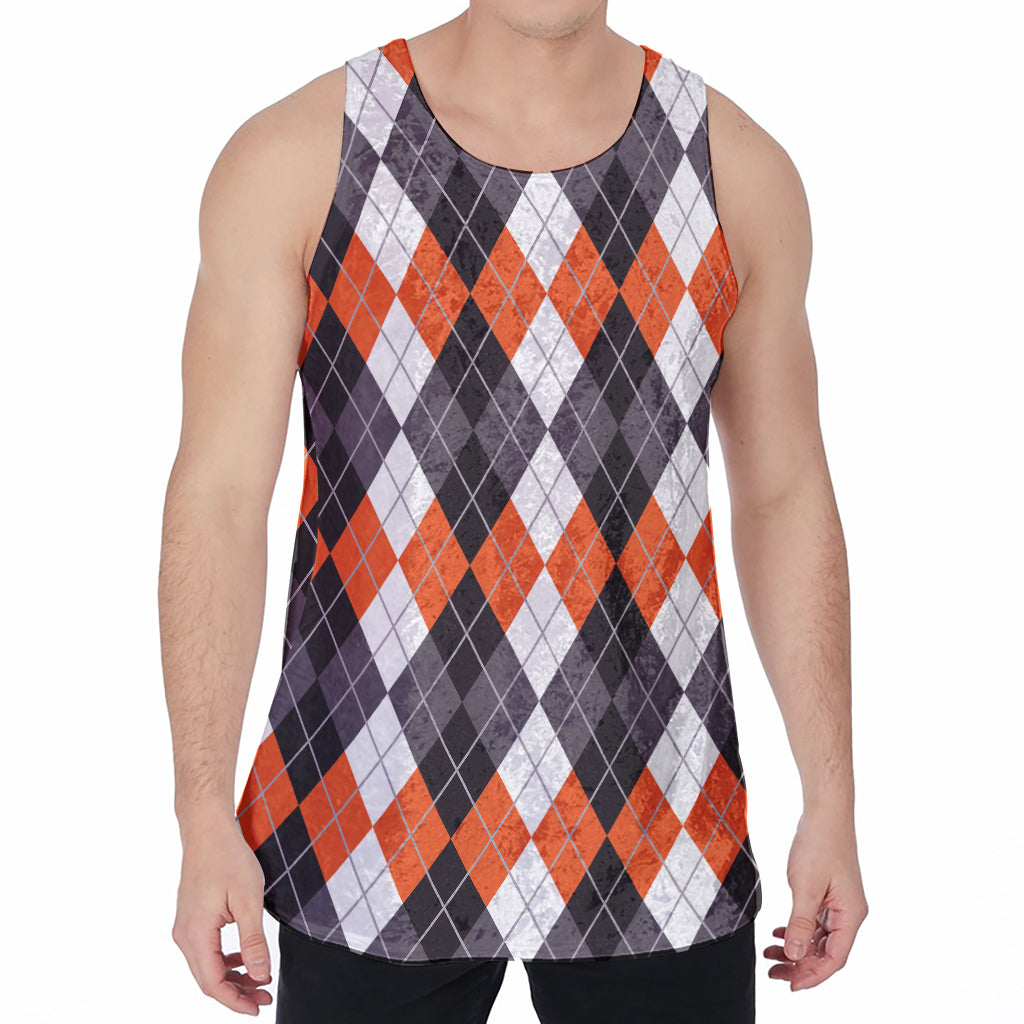 Grey Black Orange And White Argyle Print Men's Velvet Tank Top