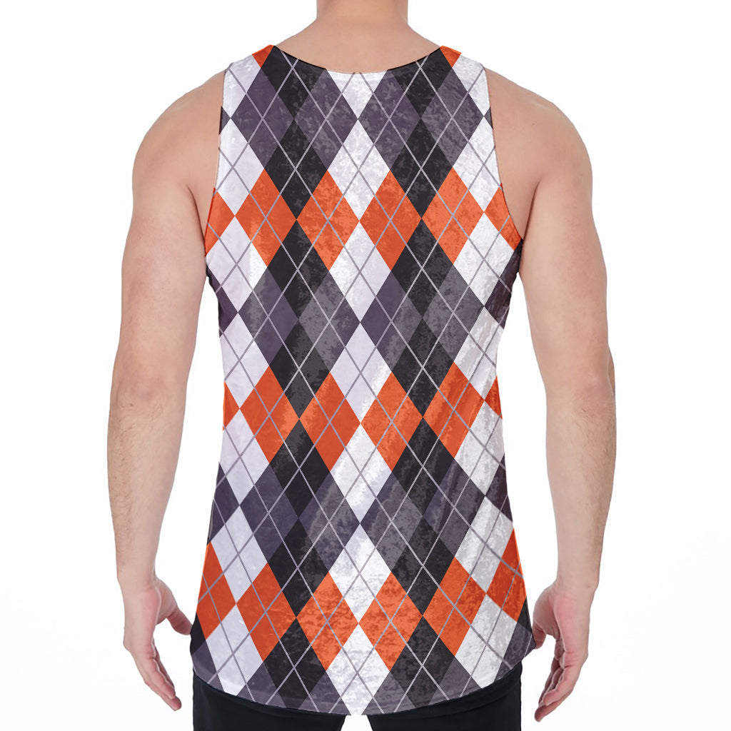 Grey Black Orange And White Argyle Print Men's Velvet Tank Top