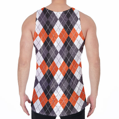 Grey Black Orange And White Argyle Print Men's Velvet Tank Top
