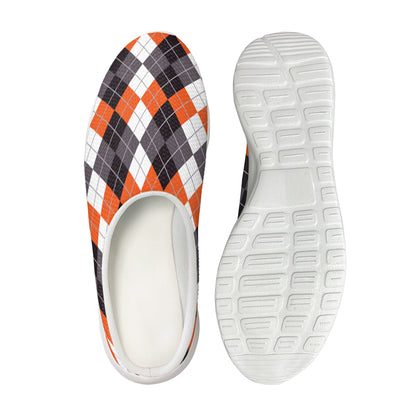 Grey Black Orange And White Argyle Print Mesh Casual Shoes