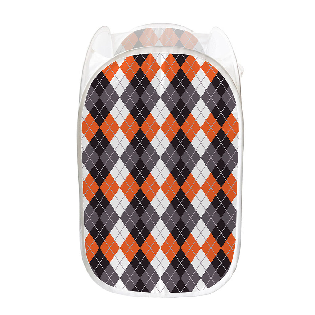 Grey Black Orange And White Argyle Print Mesh Laundry Hamper