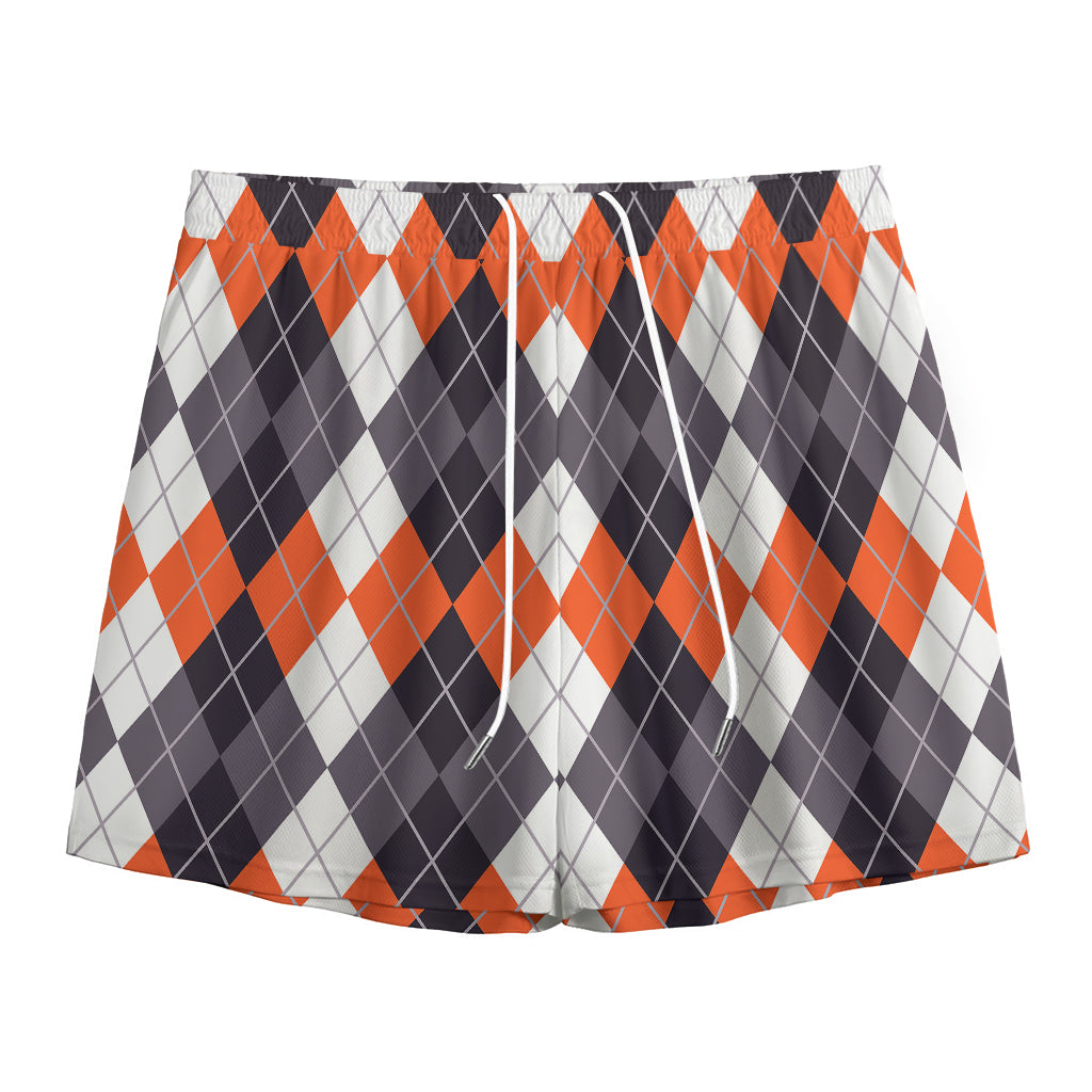Grey Black Orange And White Argyle Print Mesh Shorts