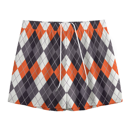Grey Black Orange And White Argyle Print Mesh Shorts