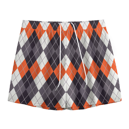 Grey Black Orange And White Argyle Print Mesh Shorts