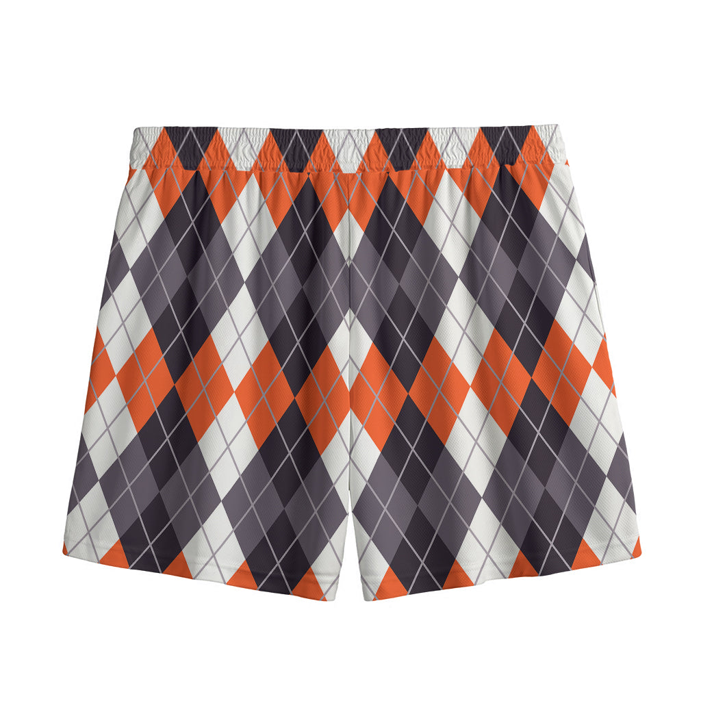 Grey Black Orange And White Argyle Print Mesh Shorts