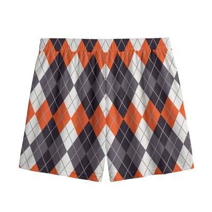Grey Black Orange And White Argyle Print Mesh Shorts
