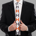 Grey Black Orange And White Argyle Print Necktie