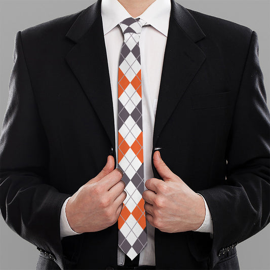 Grey Black Orange And White Argyle Print Necktie