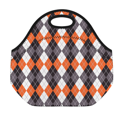 Grey Black Orange And White Argyle Print Neoprene Lunch Bag