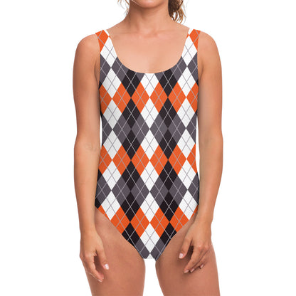 Grey Black Orange And White Argyle Print One Piece Swimsuit