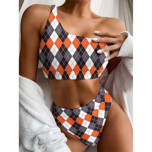 Grey Black Orange And White Argyle Print One Shoulder Bikini Top