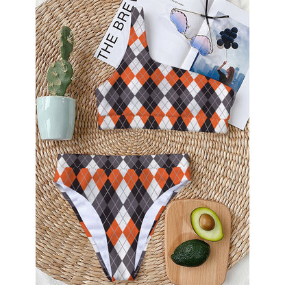 Grey Black Orange And White Argyle Print One Shoulder Bikini Top