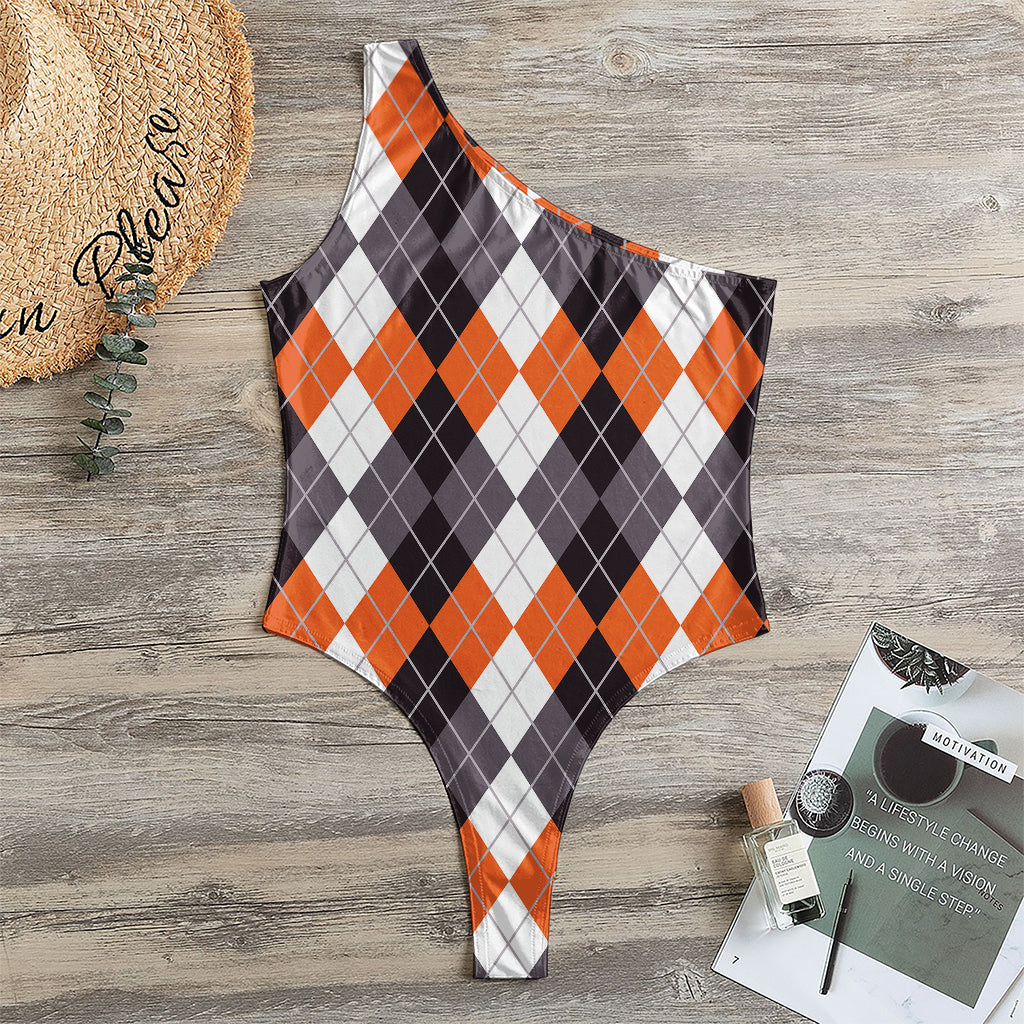 Grey Black Orange And White Argyle Print One Shoulder Bodysuit