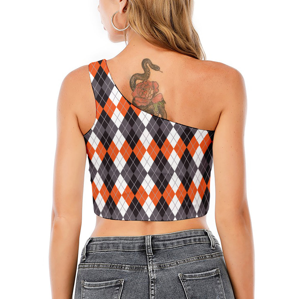 Grey Black Orange And White Argyle Print One Shoulder Crop Top